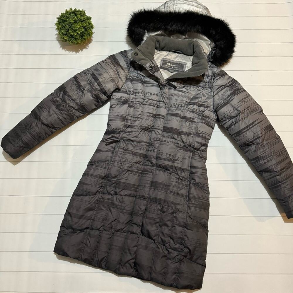 Eddie Bauer Gray‎ Ombre Faux FurHood Long Down Puffer Parka Coat Women’s Size XS